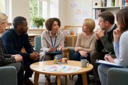 Foster carers and social-care professionals discussing support in a family centre