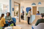 Community mental health professionals supporting patients in a modern neighbourhood care centre