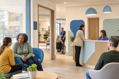 Community mental health professionals supporting patients in a modern neighbourhood care centre
