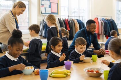 Primary school pupils eating breakfast in unbranded uniform at a supervised breakfast club
